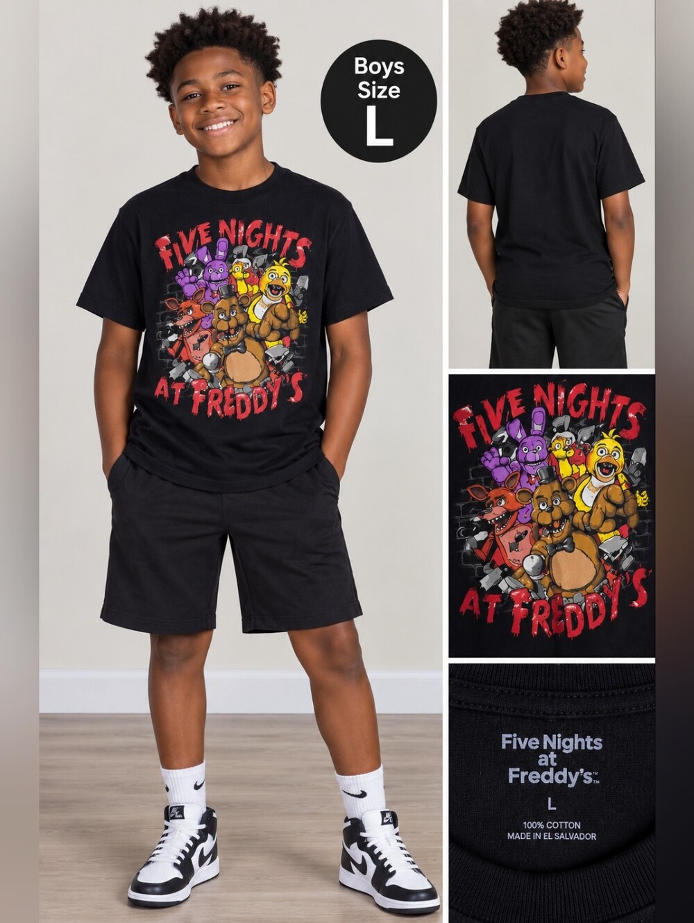 Five nights at Freddy's boys large black shirt #28